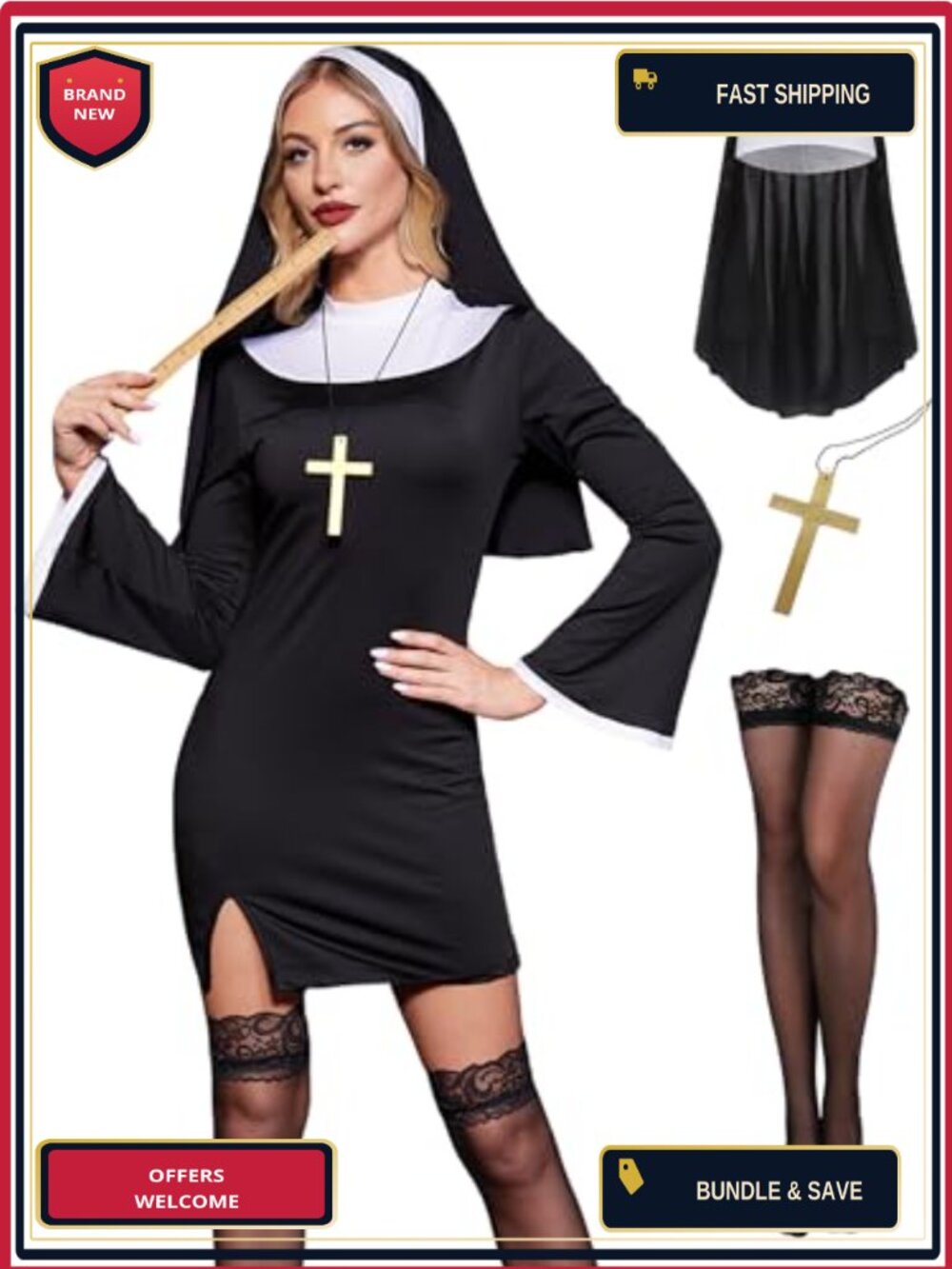 Nun Halloween Costume 4-Piece Set Stretch Polyester Spandex